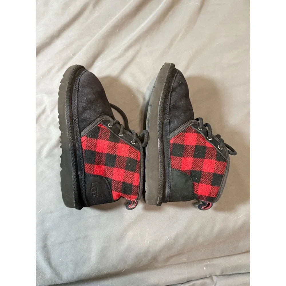 Ugg Size 1 Tie Redwood Neumel Red Plaid Suede Black‎ Winter Christmas Warm Cozy